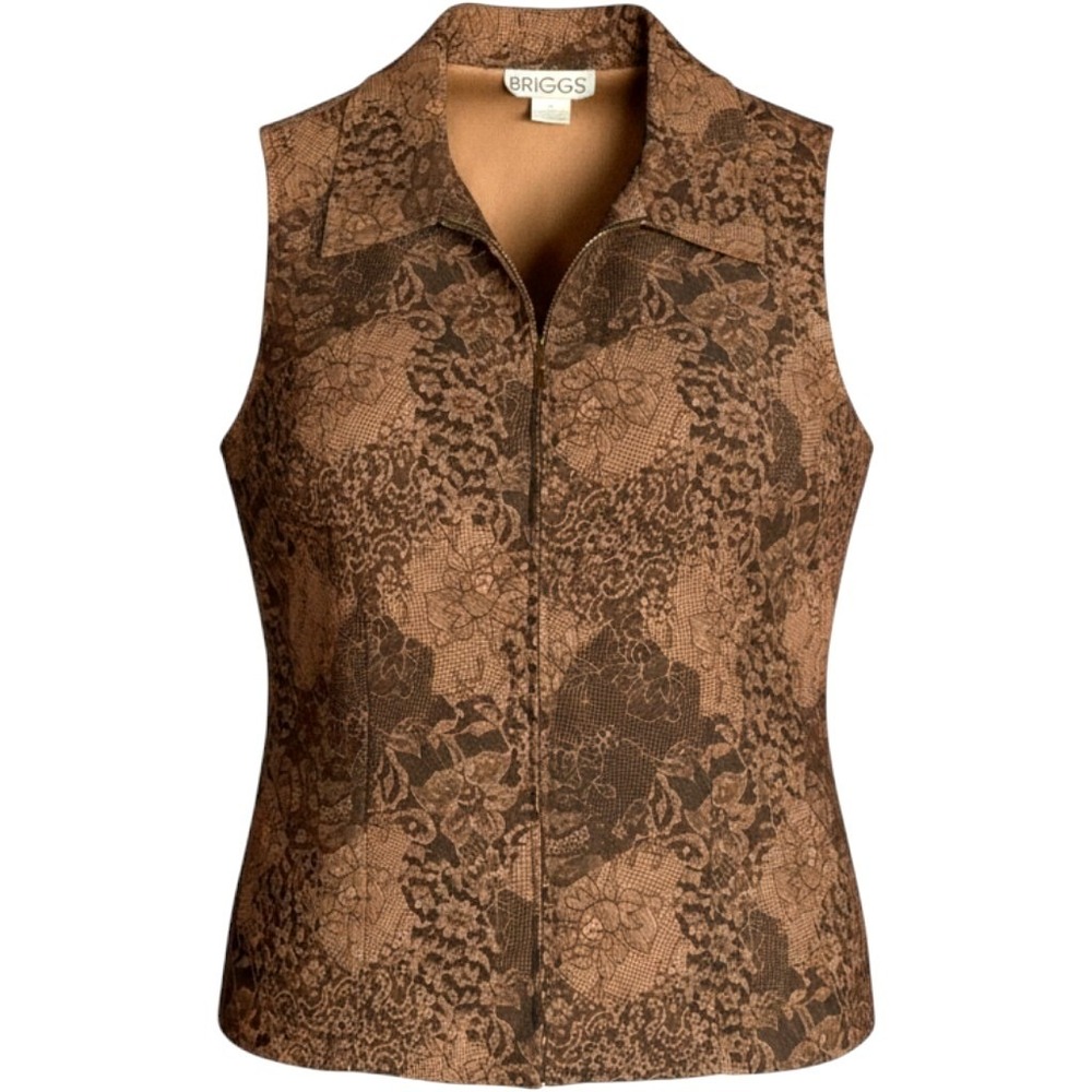 VTG Briggs Satin Vest Womens 12 L Floral Net Print Full Zip Lined Brown Black